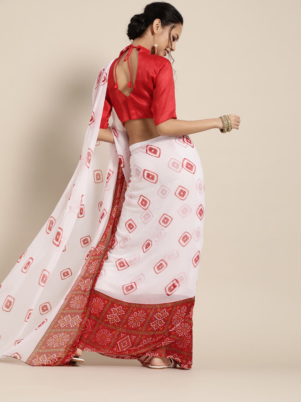 Saree Mall Bandhani Poly Chiffon Saree with Printed border | Grocsy