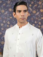 House of Pataudi Men Off White Geometric Embroidered Mirror Work Kurta | Grocsy