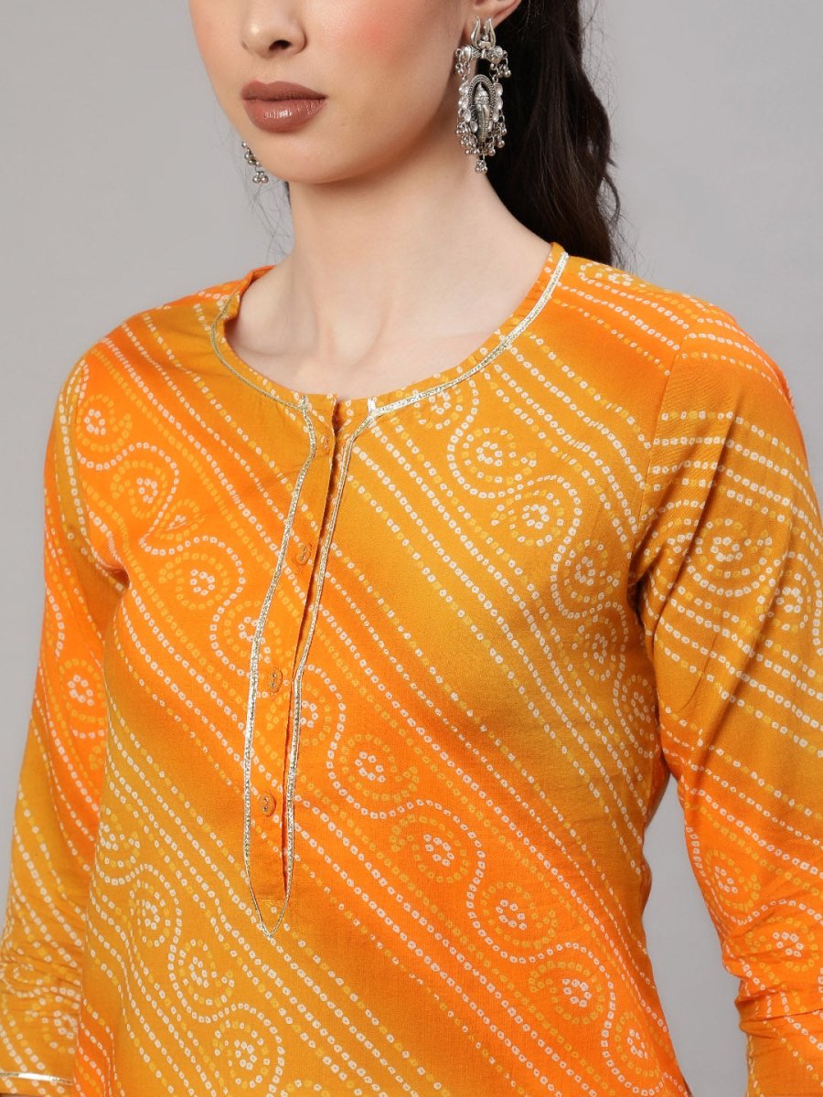 Aks Bandhani Printed Gotta Patti Regular Pure Cotton Kurta with Harem Pants | Grocsy