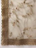 Tulsi Art Beige Embroidered Sequinned Unstitched Myntra Lehenga & Blouse With Dupatta | Grocsy