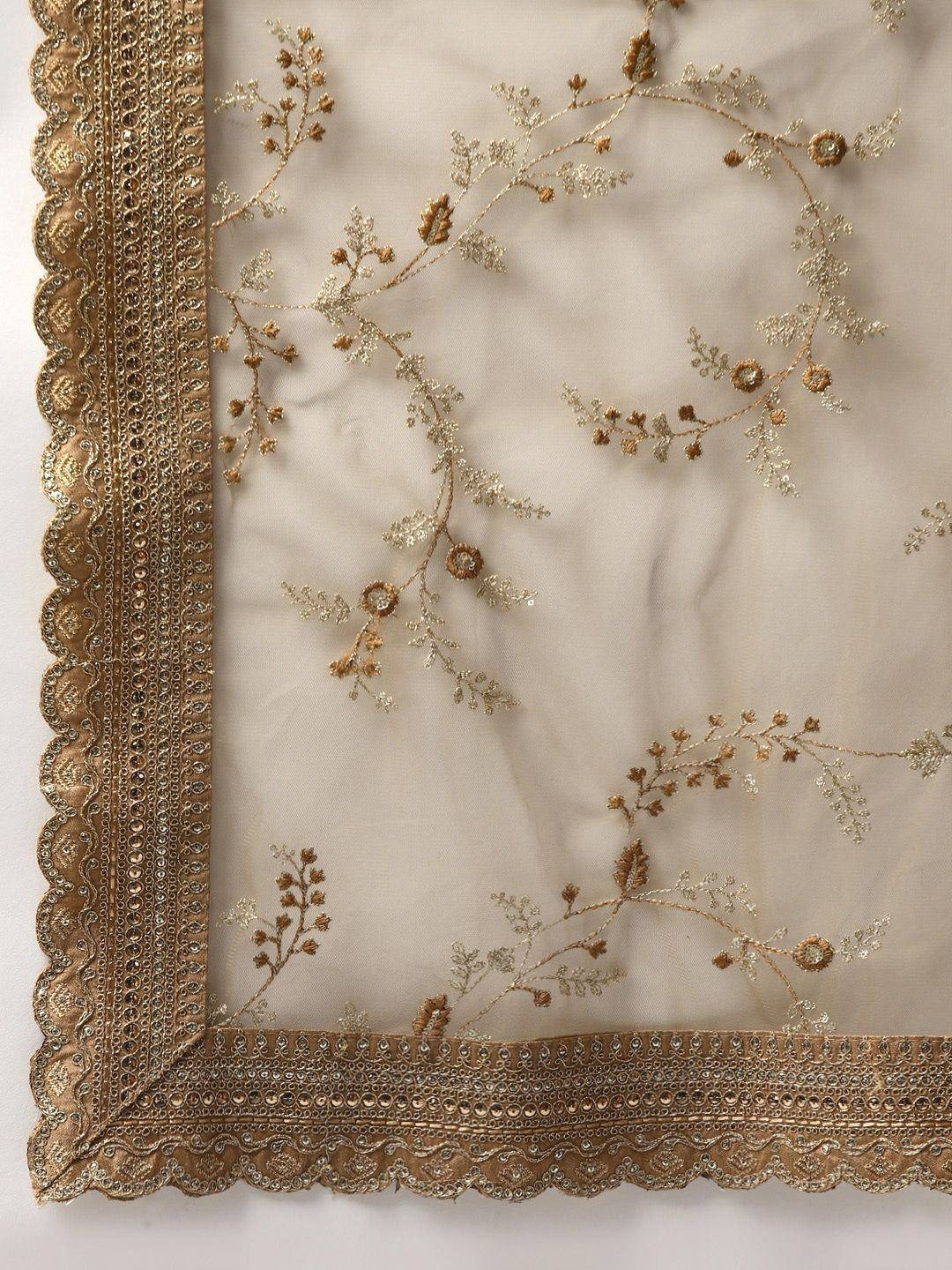 Tulsi Art Beige Embroidered Sequinned Unstitched Myntra Lehenga & Blouse With Dupatta | Grocsy