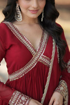 Vastranavya Faux Blooming with Embroidery Zari Sequins-work Gown with Dupatta - Maroon | Grocsy