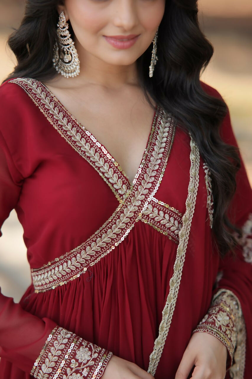 Vastranavya Faux Blooming with Embroidery Zari Sequins-work Gown with Dupatta - Maroon | Grocsy