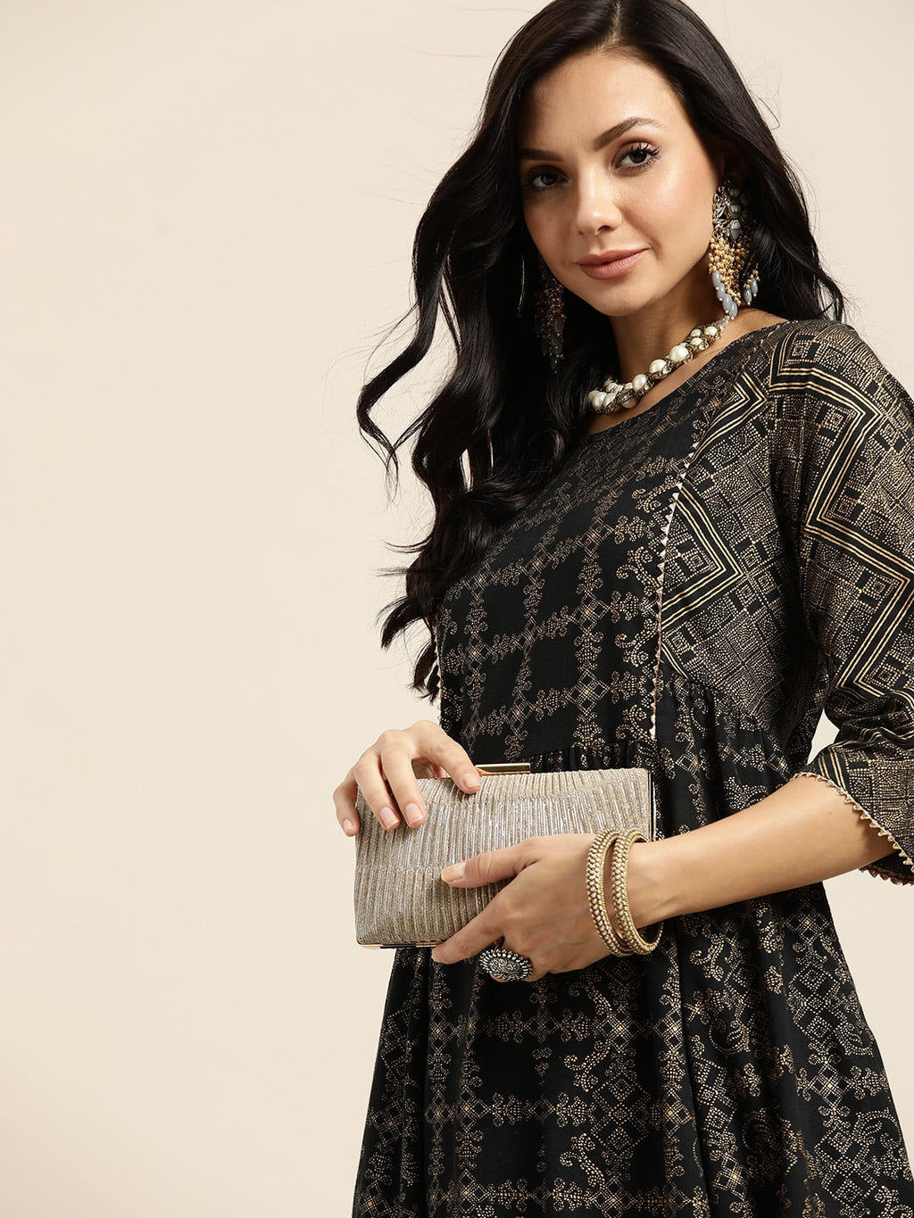 Sangria Women Black & Golden Ethnic Motifs Printed Pure Cotton Kurta with Palazzos | Grocsy