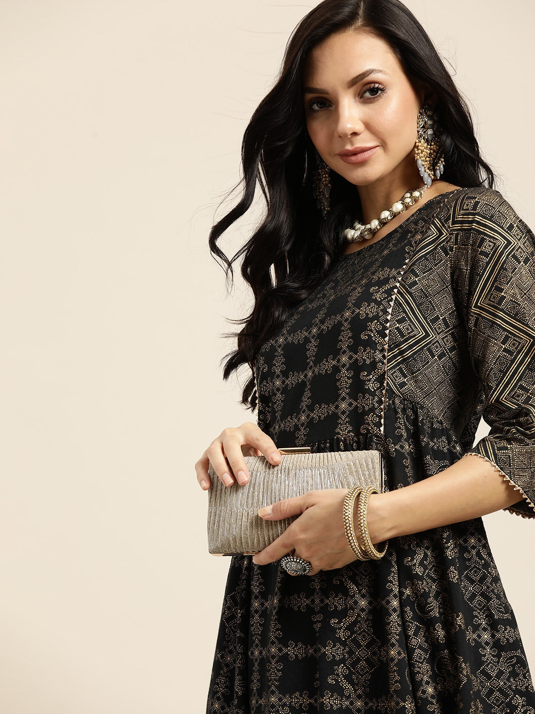 Sangria Women Black & Golden Ethnic Motifs Printed Pure Cotton Kurta with Palazzos | Grocsy