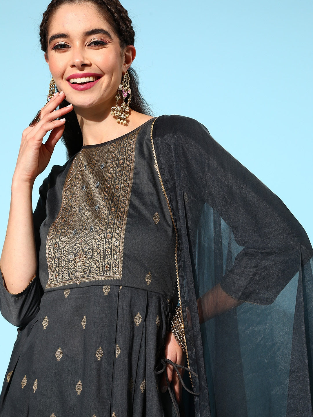 Sangria Ethnic Motifs Yoke Design Pleated Chanderi Silk Kurta with Trousers & With Dupatta | Grocsy