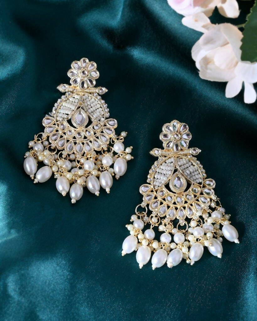 VOJ Gold-Polished Stone Studded Drop Earrings