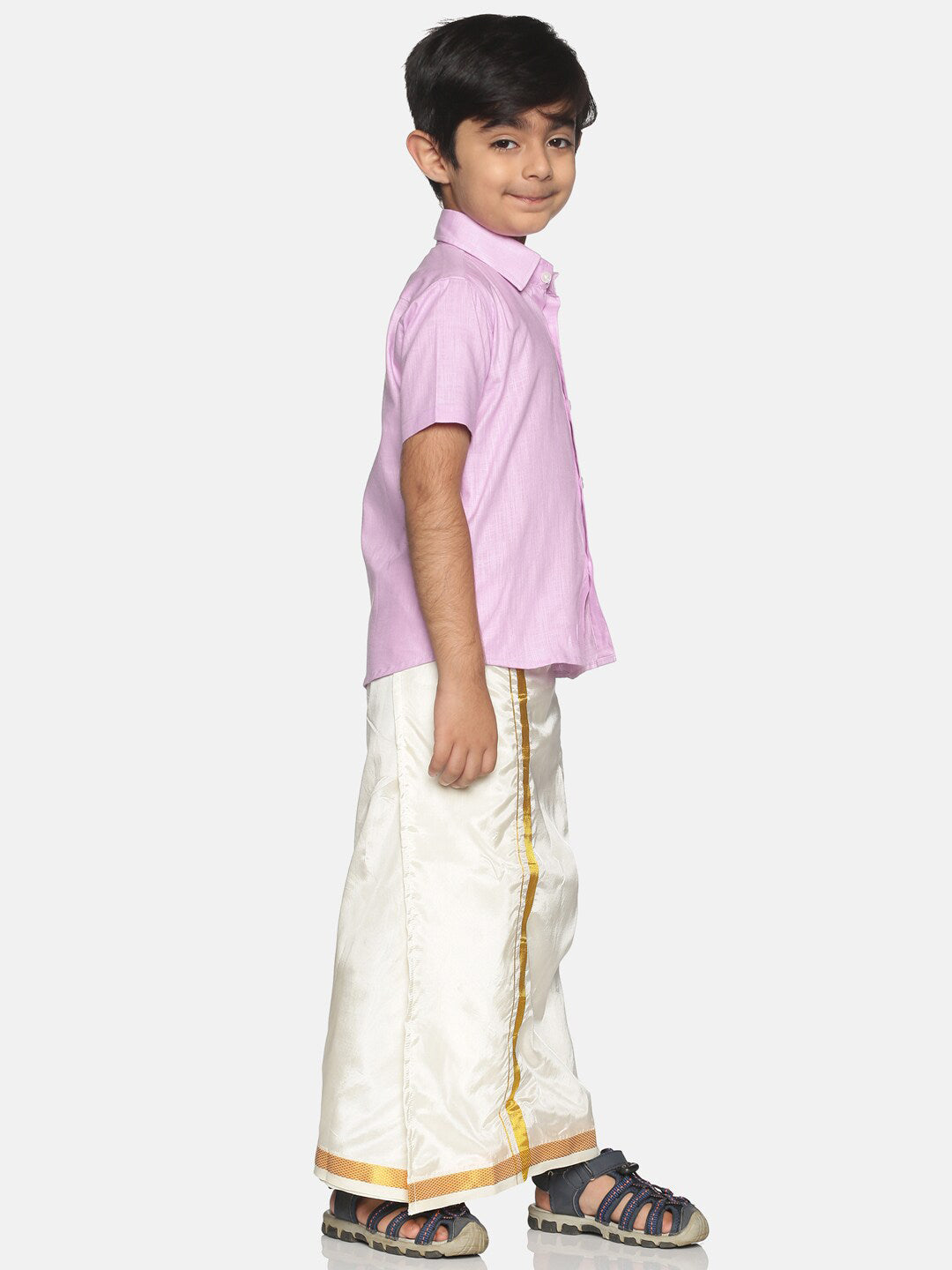 Sethukrishna Boys Pink & White Solid Shirt with Veshti Set | Grocsy