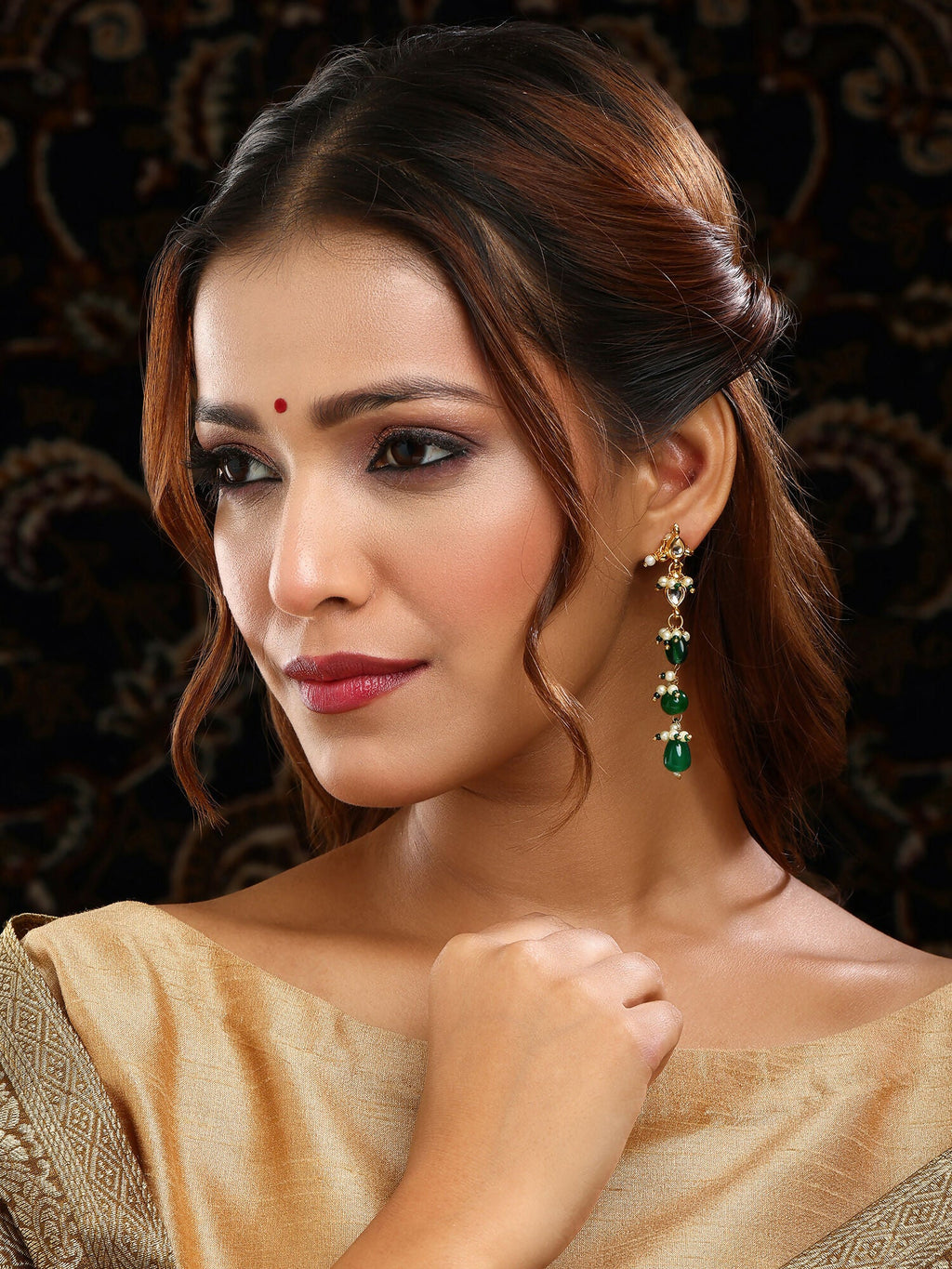 Ruby Raang 22k Gold Polished Long Kundan And Emerald Earrings | Grocsy