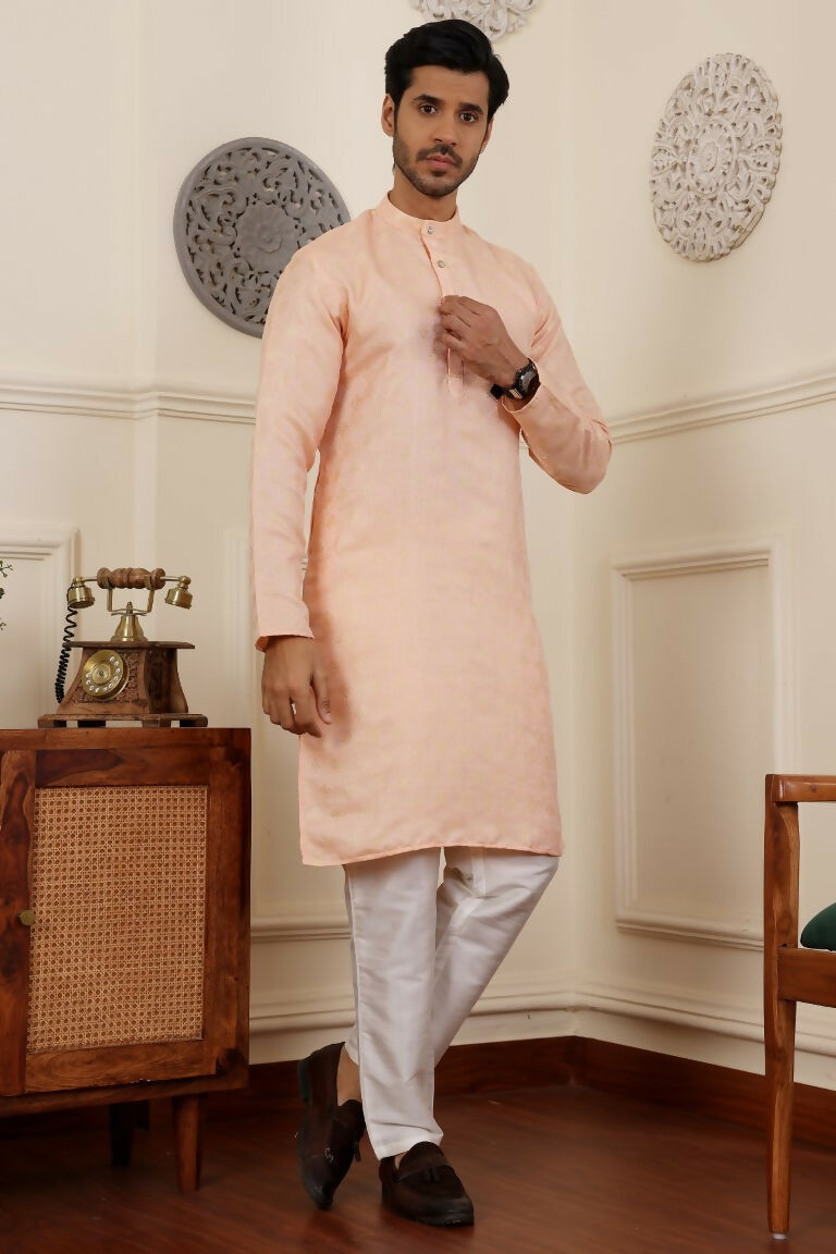 Peach Viscose Woven Jacquard Work Men's Rajwadi Kurta Set - Mahotsav | Grocsy
