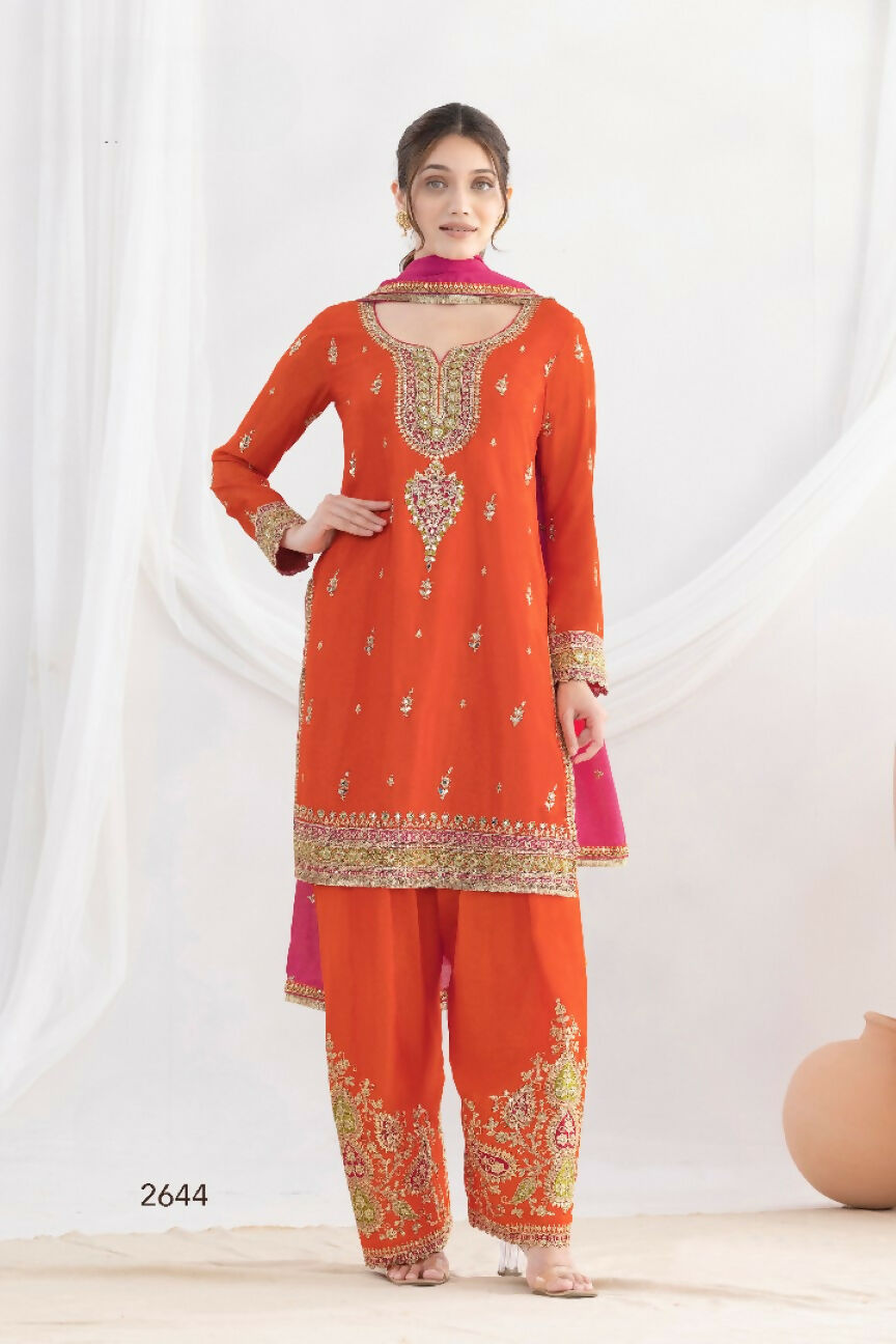 Anaita Orange Chinon Readymade Suit with Embroidery Coding & Sequence Work | Grocsy