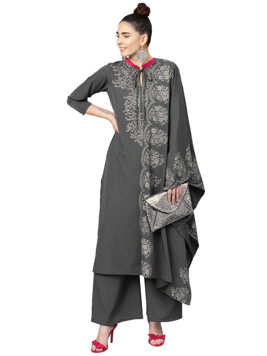 Ahalyaa Grey Crepe Printed Kurta Palazzo Set With Dupatta | Grocsy