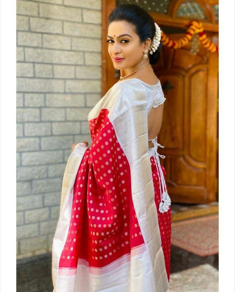 DEIANA'S Beautiful Designer Golden zari Soft Lichi Silk Saree - Red | Grocsy