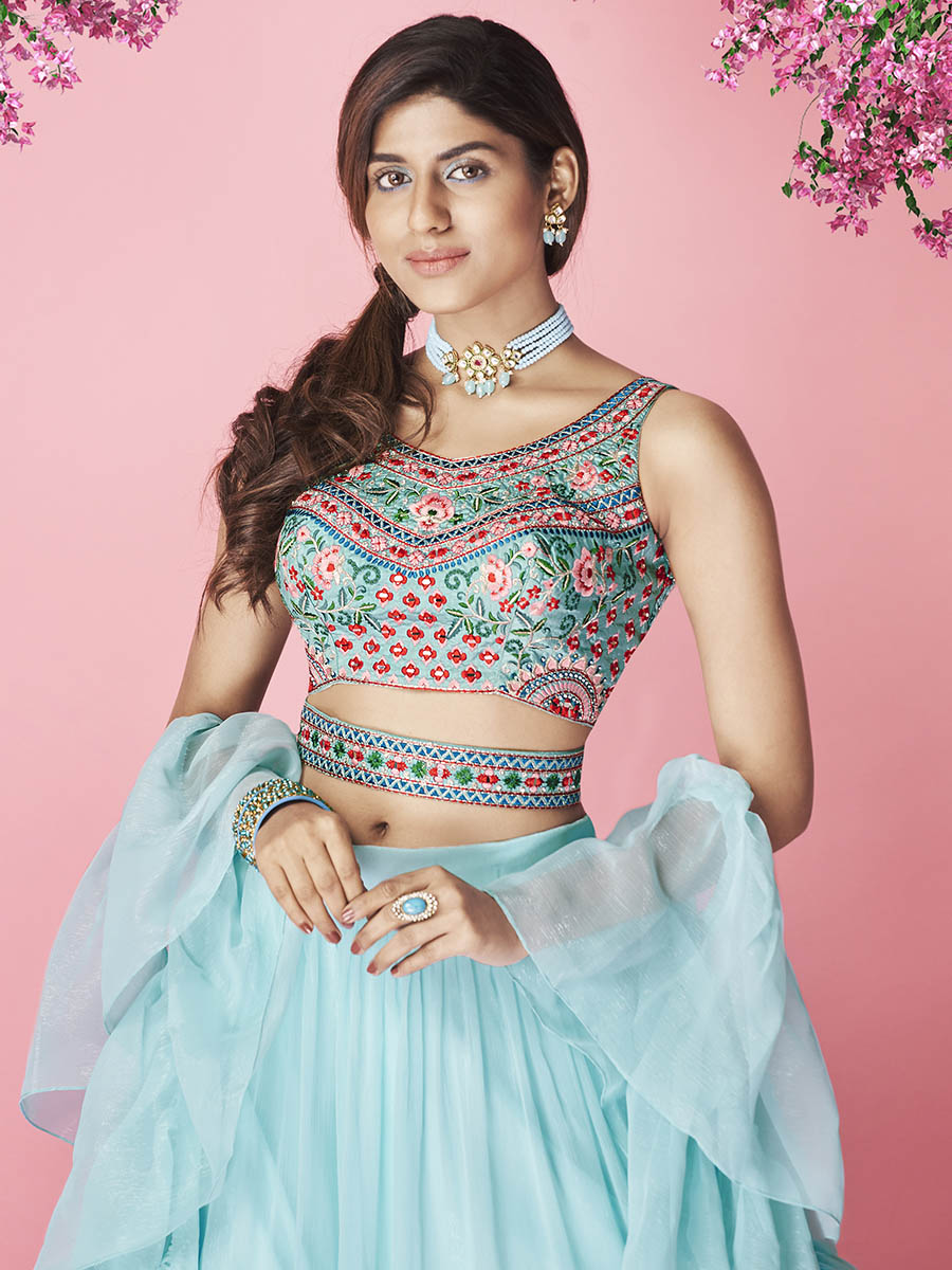 Myra Sky Blue Art Silk Designer Lehenga | Grocsy