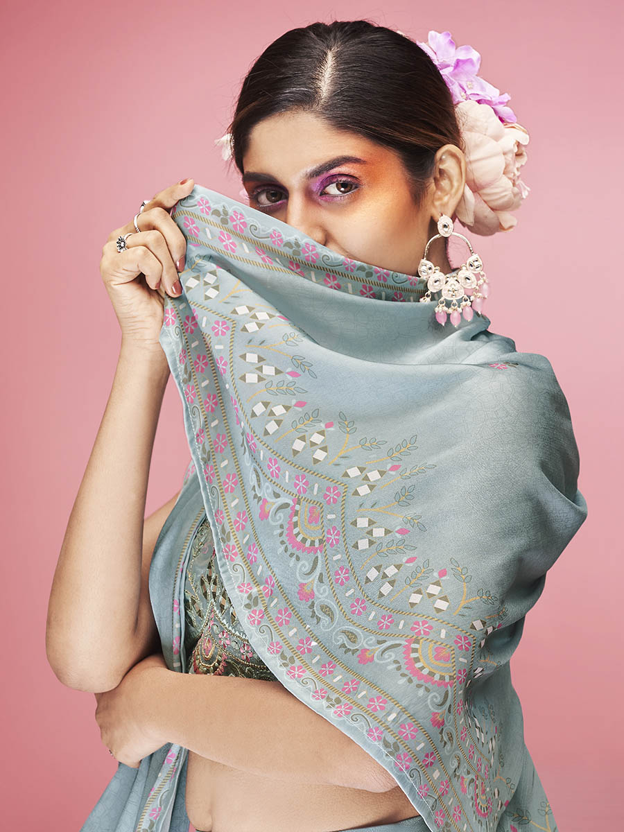 Myra Sky Blue Art Silk Embroidered Designer Lehenga | Grocsy