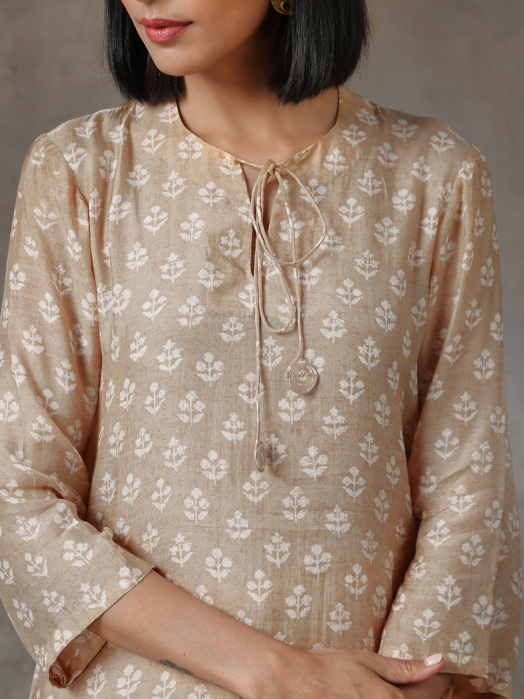 trueBrowns Beige White Printed Silk Co-Ord Set | Grocsy