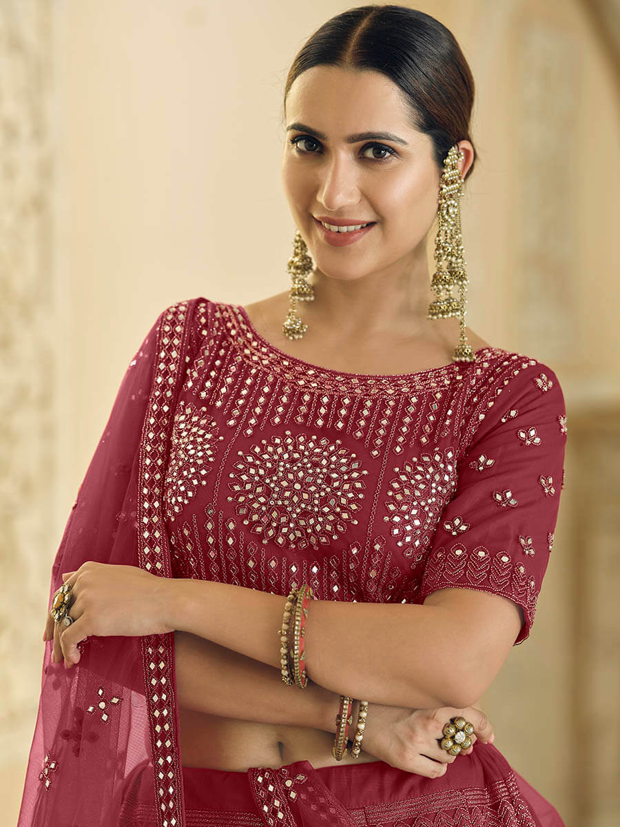 Myra Maroon Soft Net Embroidered Lehenga | Grocsy