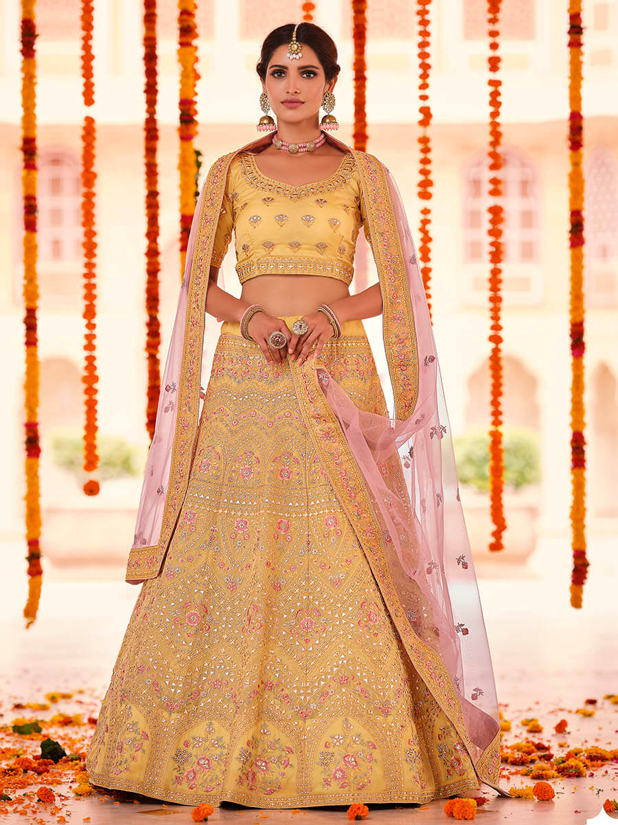 Myra Yellow Organza Embroidered Designer Lehenga | Grocsy