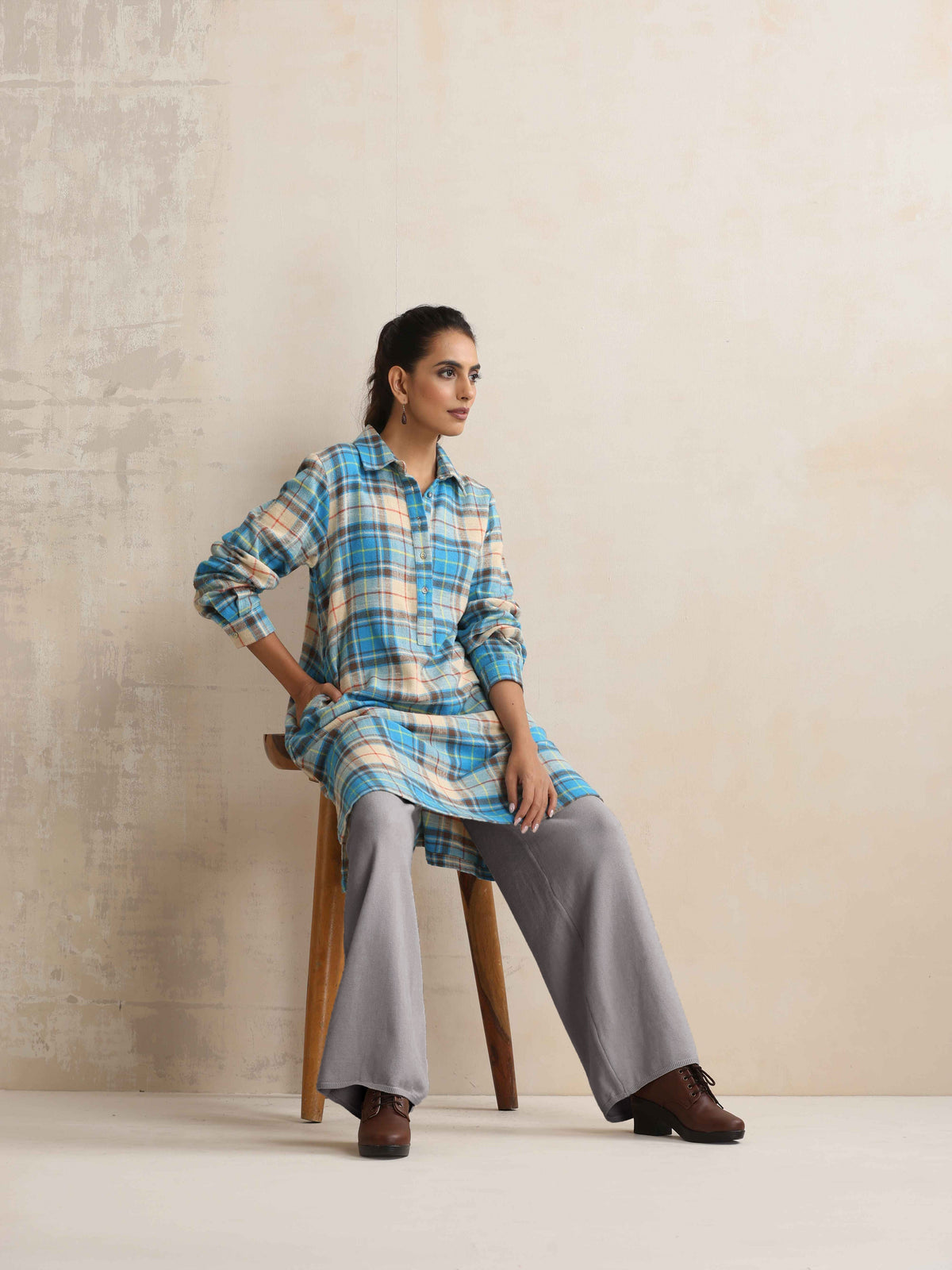 trueBrowns Grey Woollen Flared Pants | Grocsy