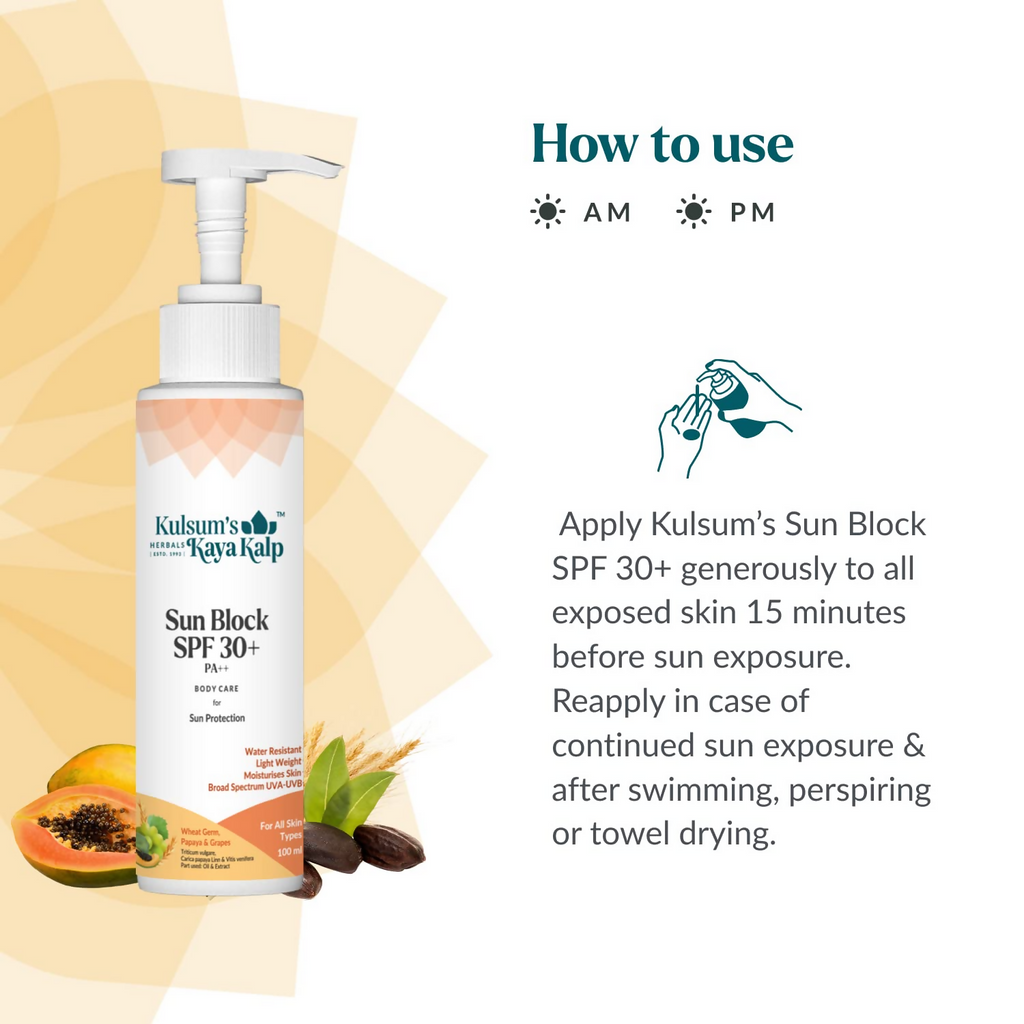 Kulsum's Kaya Kalp Sun Block SPF 30+ For Sun Protection & Moisturizing, Suitable For All Skin Types | Grocsy
