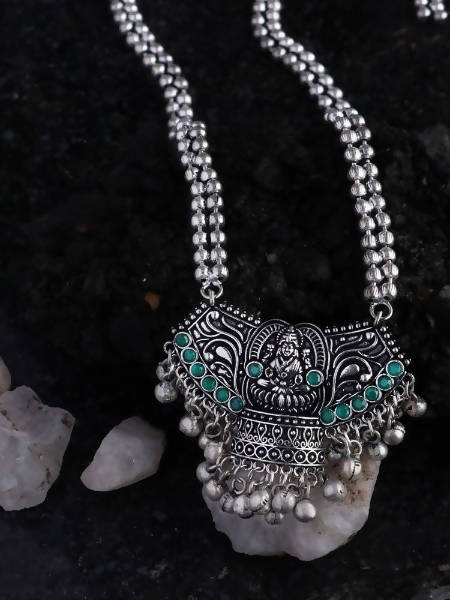 Mominos Fashion Johar Kamal Oxidised Laxmi Mata With Green Stones Long Necklace | Grocsy