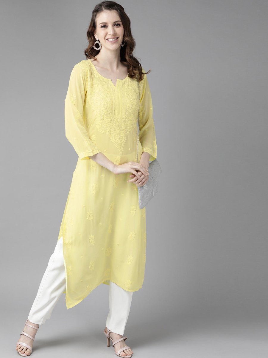 ADA Women Yellow Ethnic Motifs Embroidered Chikankari Georgette Handloom Kurta | Grocsy