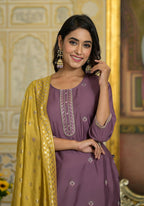 Juniper Women's Onion Pink Zari Embroidered Viscose Kurta Pant And Dupatta Set With Sequins Work | Grocsy