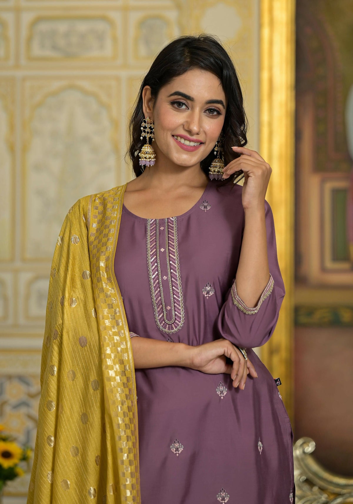 Juniper Women's Onion Pink Zari Embroidered Viscose Kurta Pant And Dupatta Set With Sequins Work | Grocsy