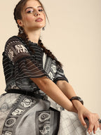 Sangria Black & Grey Ethnic Motifs Zari Pure Linen Saree | Grocsy