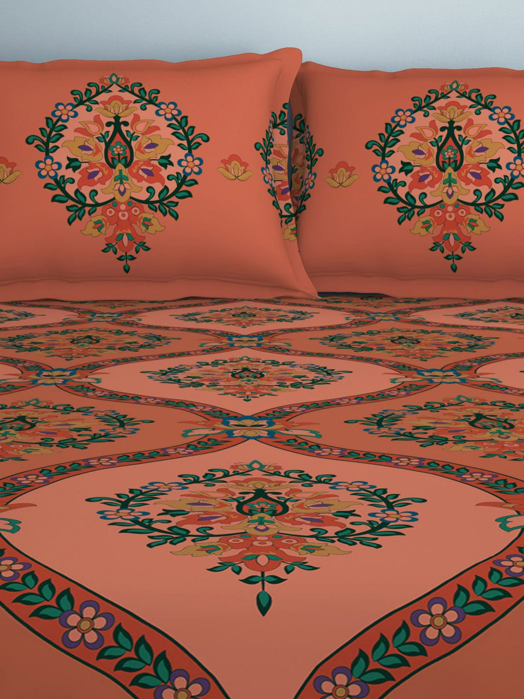 SPACES Aurum Peach Ethnic Motifs Pure Cotton 140 TC Queen Bedsheet with 2 Pillow Covers | Grocsy