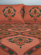 SPACES Aurum Peach Ethnic Motifs Pure Cotton 140 TC Queen Bedsheet with 2 Pillow Covers | Grocsy