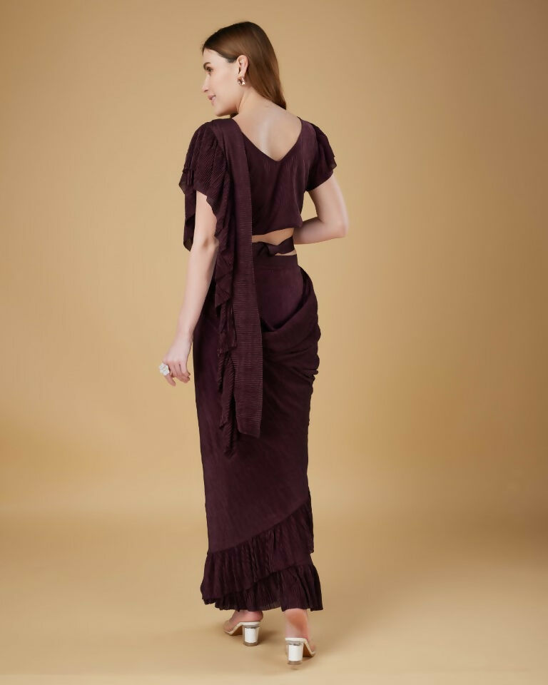 Wine Imported Crush Solid Ready to Wear Saree with stitched Blouse - Aayan | Grocsy
