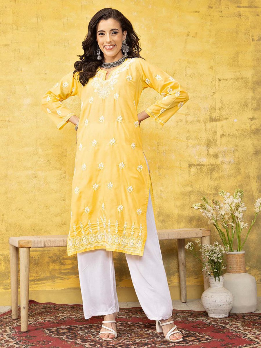 ADA Women Yellow & White Chikankari Embroidered Straight Sustainable Handloom Kurta | Grocsy