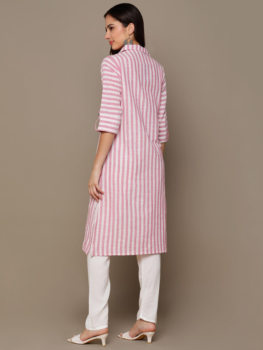 HERE&NOW Pink & White Shirt Collar Roll-Up Sleeves Striped Pure Cotton Straight Kurta | Grocsy