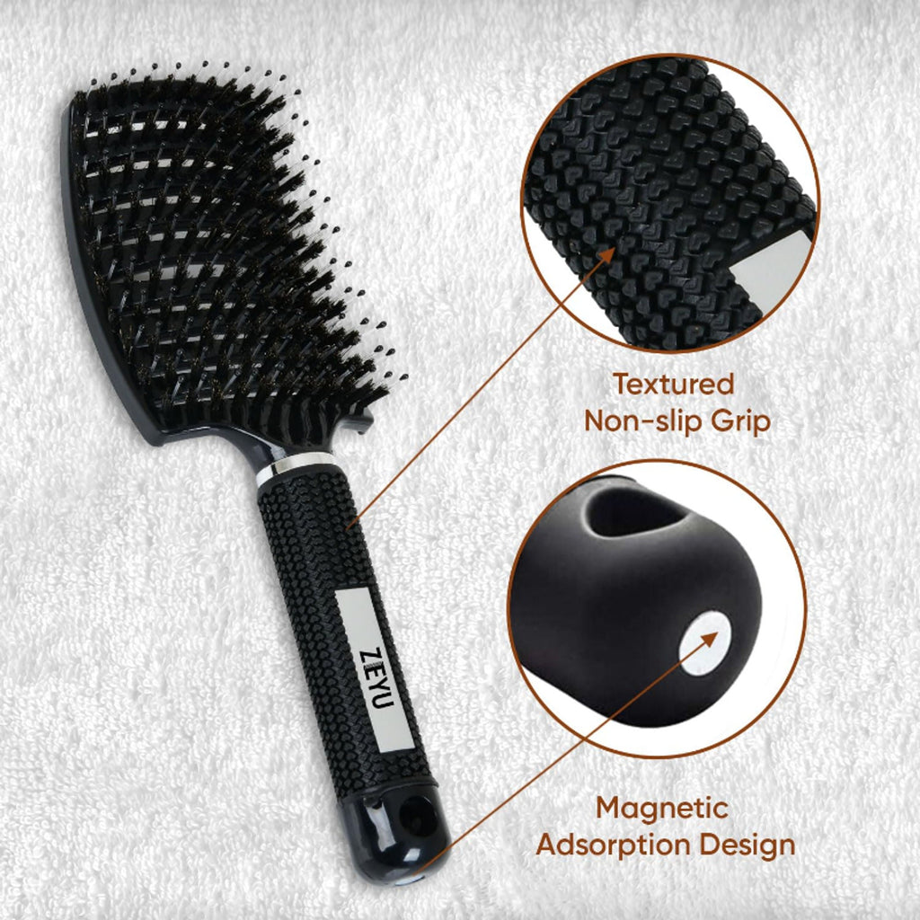 ZEYU Detangler Big Curved Brush With Natural Boar Bristles- Black | Grocsy