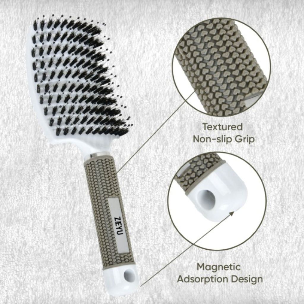 ZEYU Detangler Big Curved Brush With Natural Boar Bristles - White | Grocsy