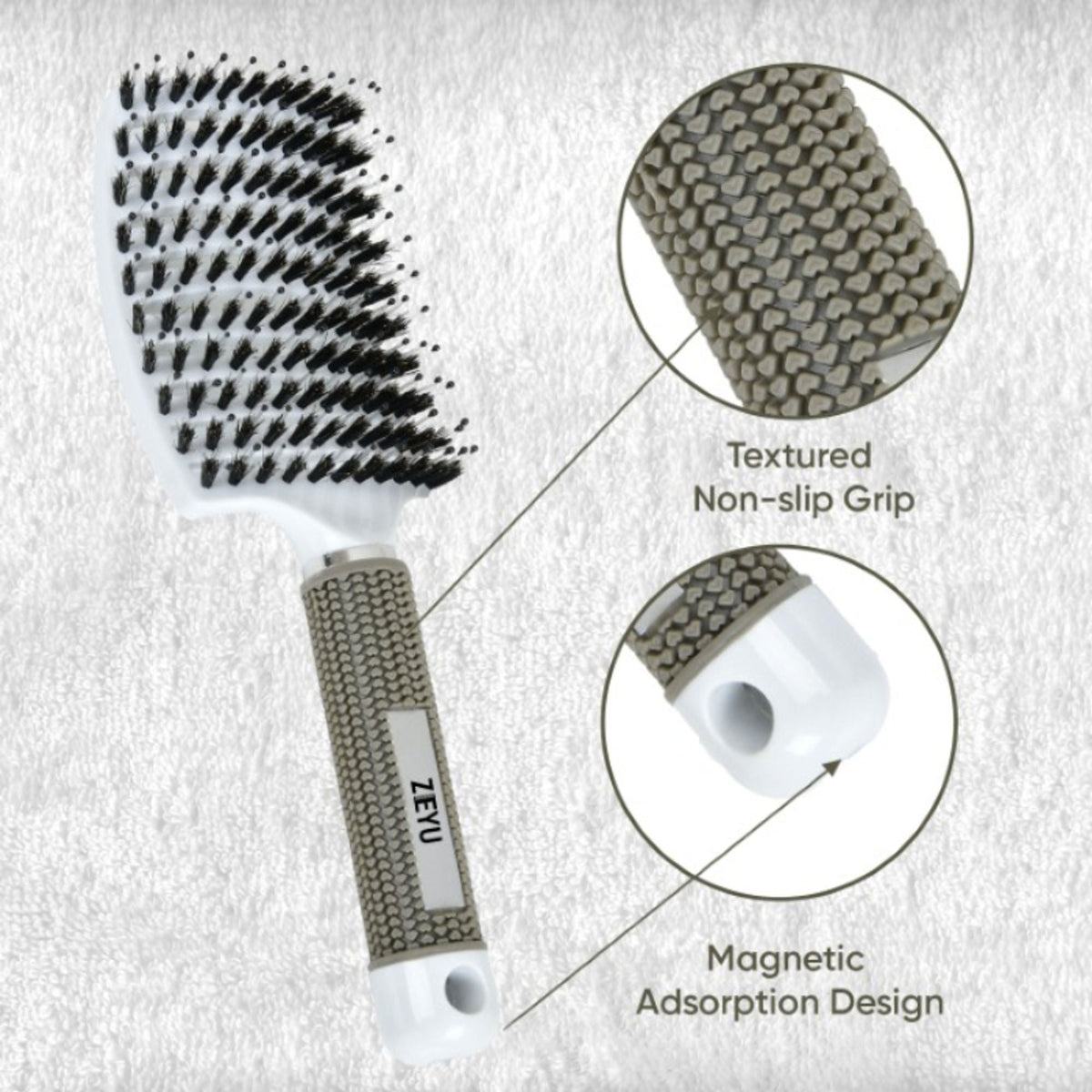 ZEYU Detangler Big Curved Brush With Natural Boar Bristles - White | Grocsy