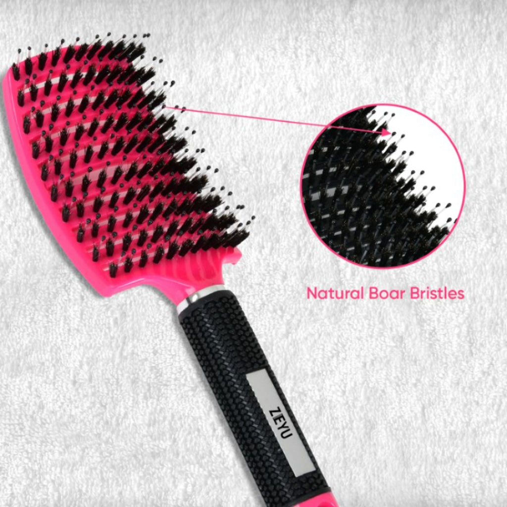 ZEYU Detangler Big Curved Brush With Natural Boar Bristles - Rose Red | Grocsy