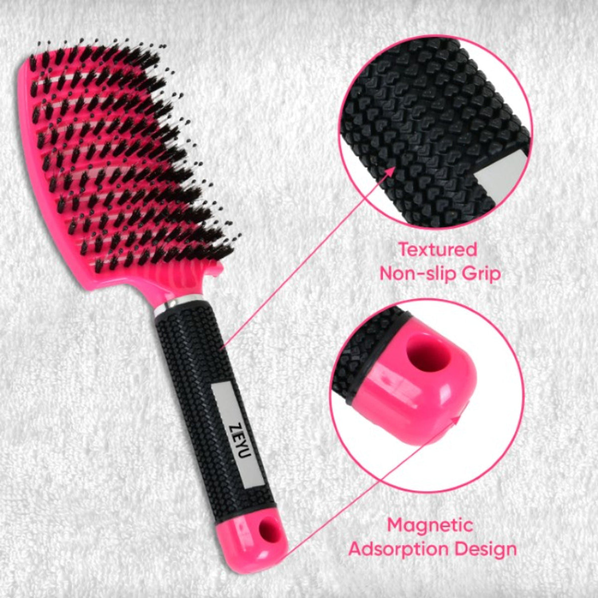 ZEYU Detangler Big Curved Brush With Natural Boar Bristles - Rose Red | Grocsy