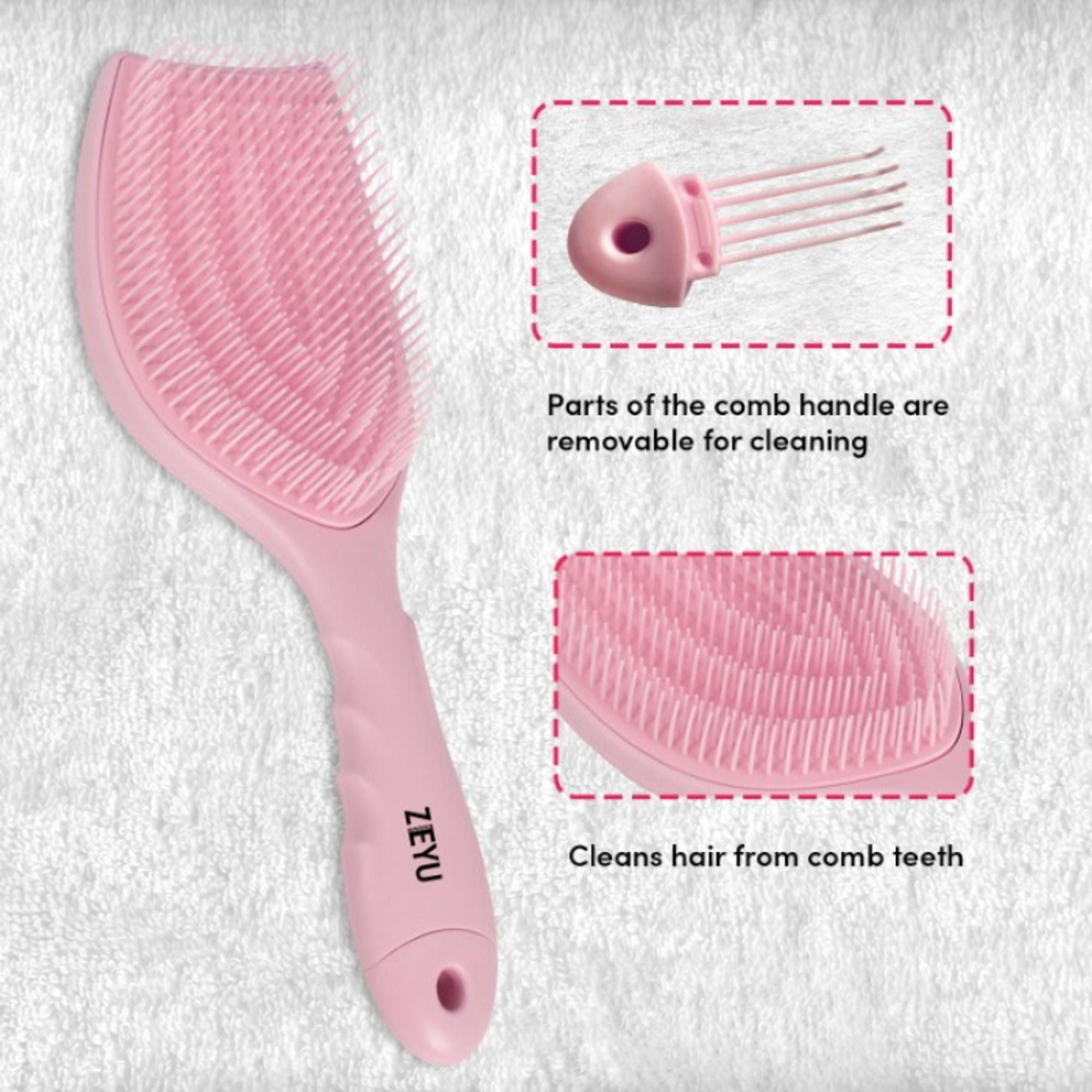 ZEYU Detangler Hairbrush with Removable Cleaning Brush - Pink | Grocsy