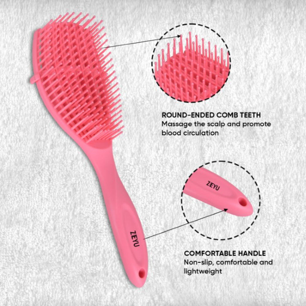 ZEYU Detangler Hairbrush for Curly Hair – 8-Row Flexible & Soft Nylon Bristles - Pink | Grocsy