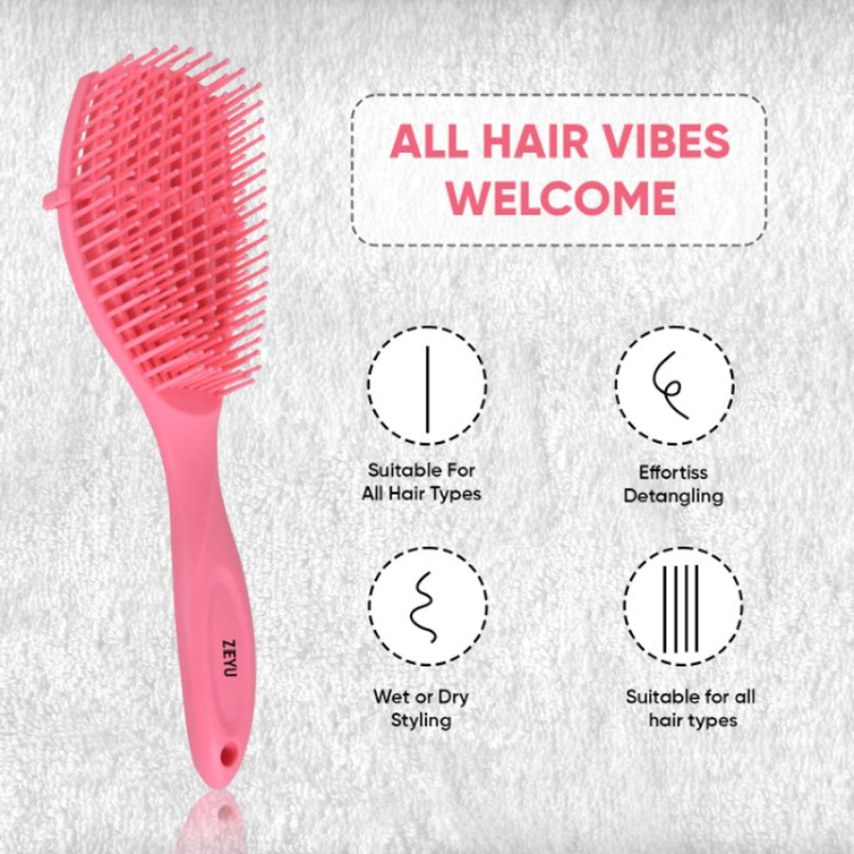 ZEYU Detangler Hairbrush for Curly Hair – 8-Row Flexible & Soft Nylon Bristles - Pink | Grocsy
