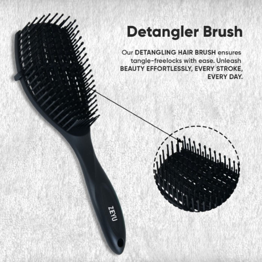 ZEYU Detangler Hairbrush for Curly Hair – 8-Row Flexible & Soft Nylon Bristles - Black | Grocsy