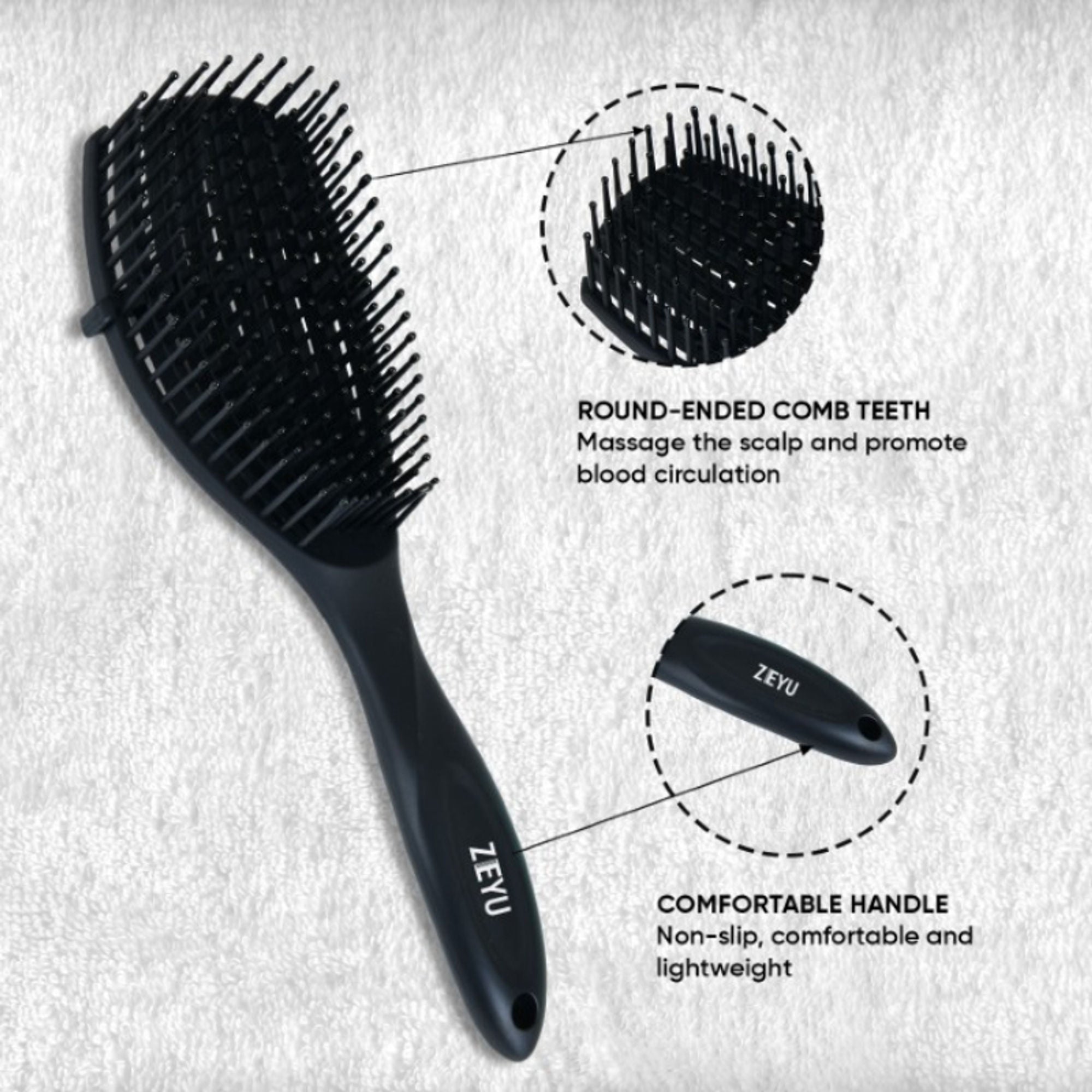 ZEYU Detangler Hairbrush for Curly Hair – 8-Row Flexible & Soft Nylon Bristles - Black | Grocsy