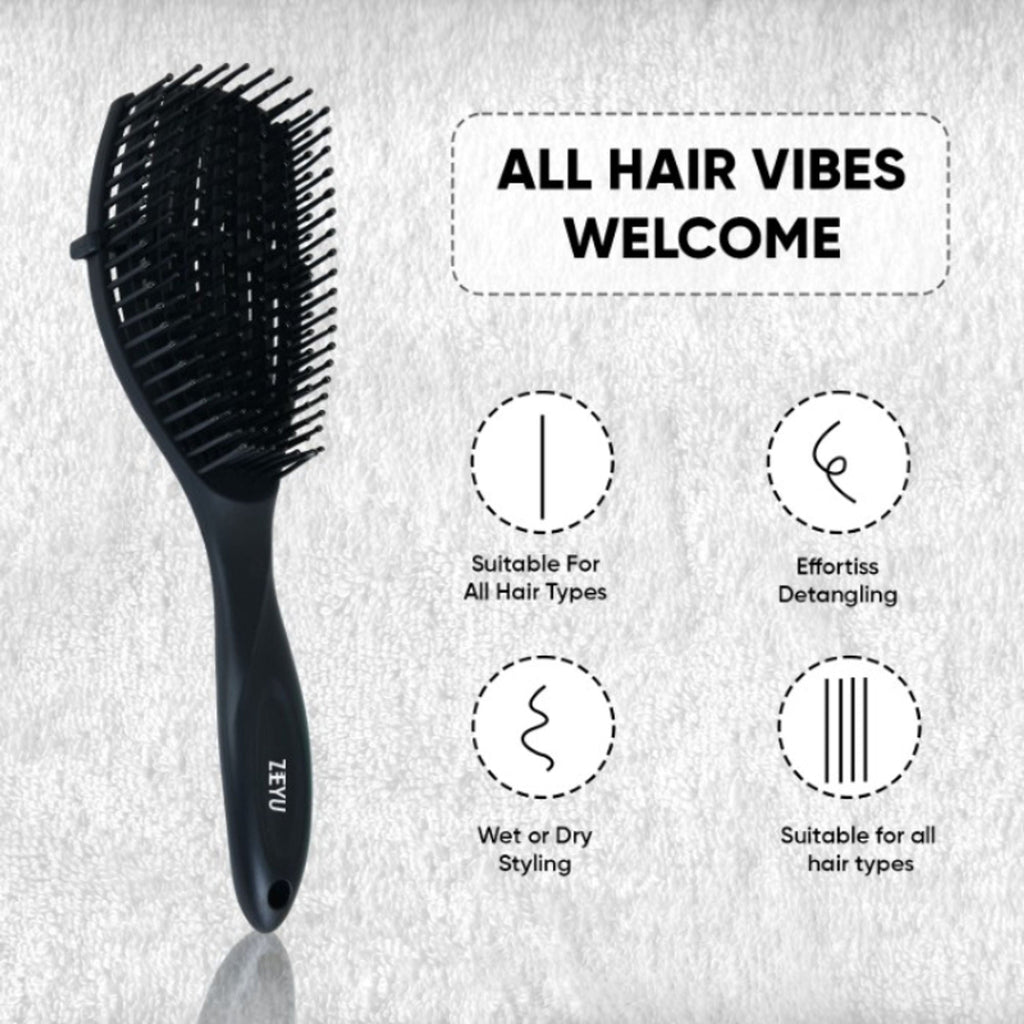 ZEYU Detangler Hairbrush for Curly Hair – 8-Row Flexible & Soft Nylon Bristles - Black | Grocsy