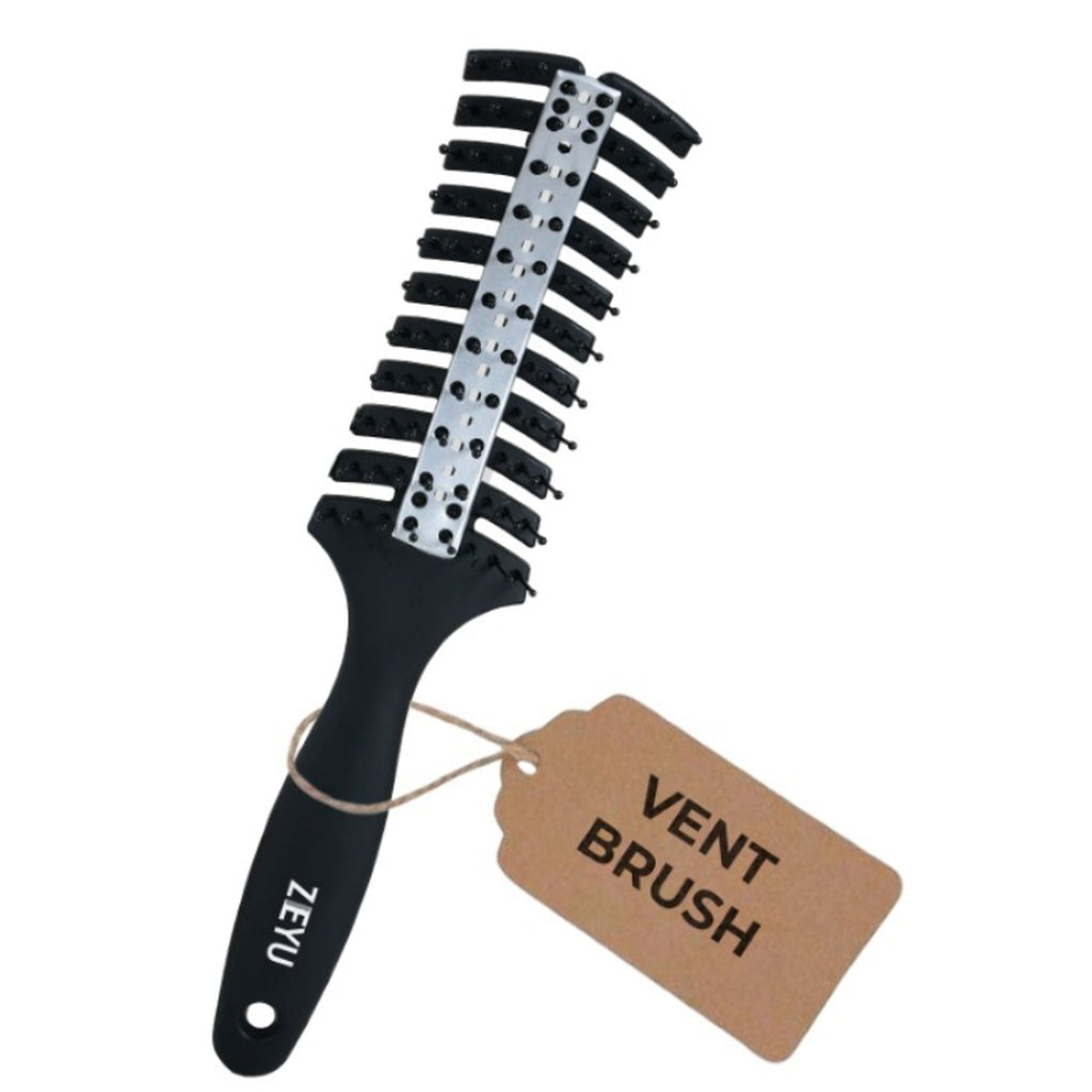 ZEYU Vented HairBrush With Metal Plate & Bristles- Black Silver | Grocsy