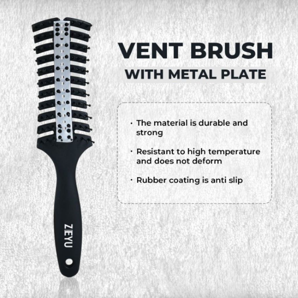ZEYU Vented HairBrush With Metal Plate & Bristles- Black Silver | Grocsy