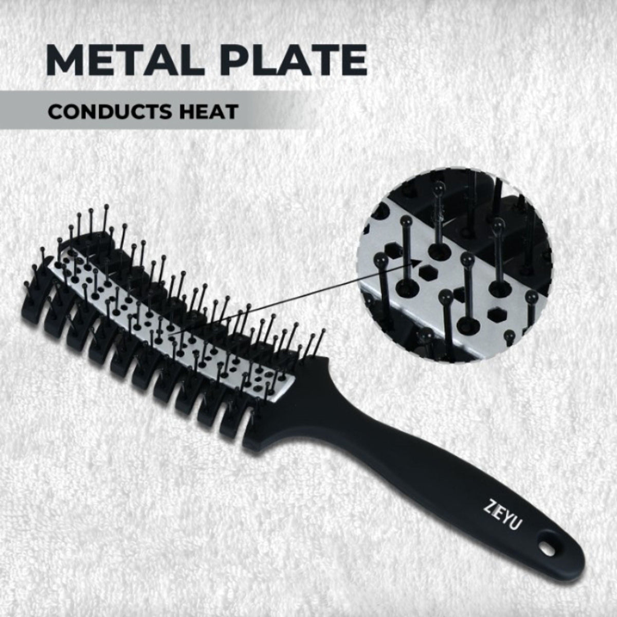 ZEYU Vented HairBrush With Metal Plate & Bristles- Black Silver | Grocsy