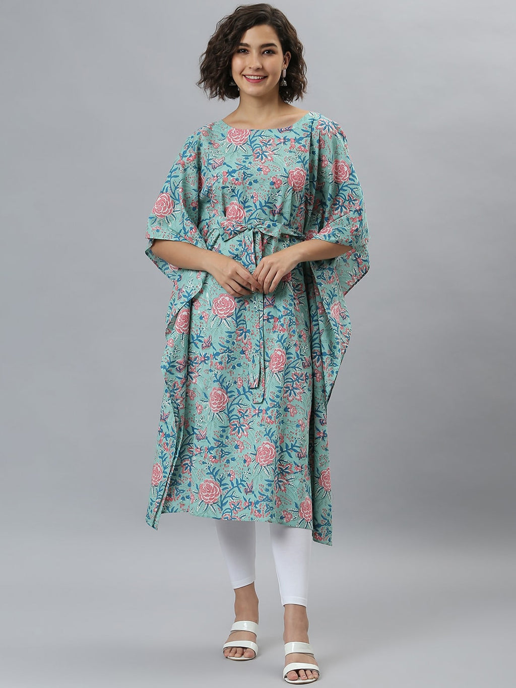 Janasya Women Sea Green Floral Printed Kaftan Kurta | Grocsy