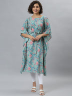 Janasya Women Sea Green Floral Printed Kaftan Kurta | Grocsy
